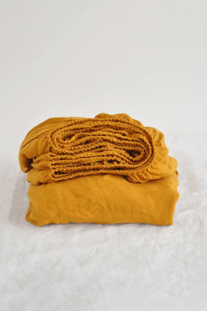 Buy Pure Linen Fitted Sheet with Pillow Covers | 3 Pc Set |Golden Yellow | Shop Verified Sustainable Bedding on Brown Living™