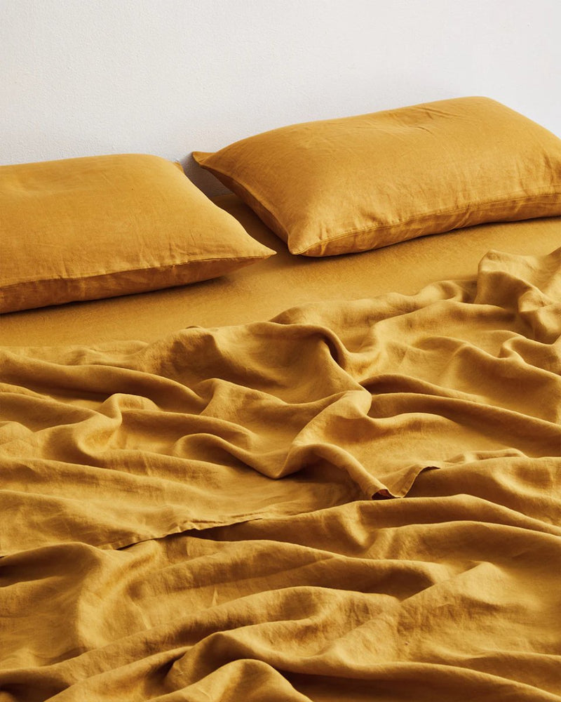 Buy Pure Linen Fitted Sheet with Pillow Covers | 3 Pc Set |Golden Yellow | Shop Verified Sustainable Products on Brown Living