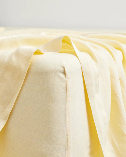 Pure Linen Fitted Sheet with Pillow Covers | 3 Pc Set |Pastel Yellow | Verified Sustainable by Brown Living™