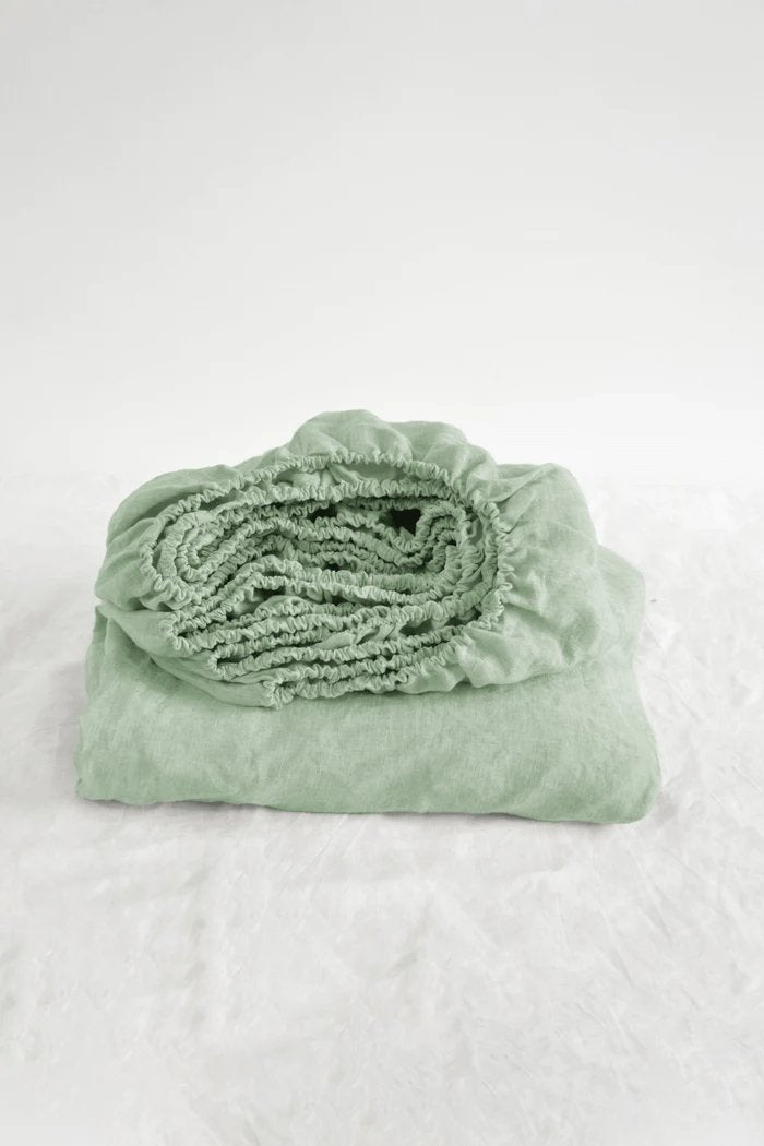 Buy Pure Linen Fitted Sheet with Pillow Covers | 3 Pc Set |Sage Green | Shop Verified Sustainable Bedding on Brown Living™