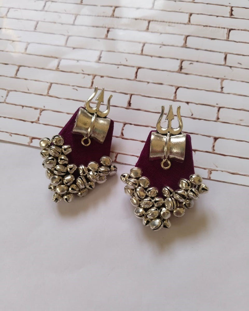 Buy Purple and silver Trishul Handmade Earrings with ghungroos | Shop Verified Sustainable Products on Brown Living