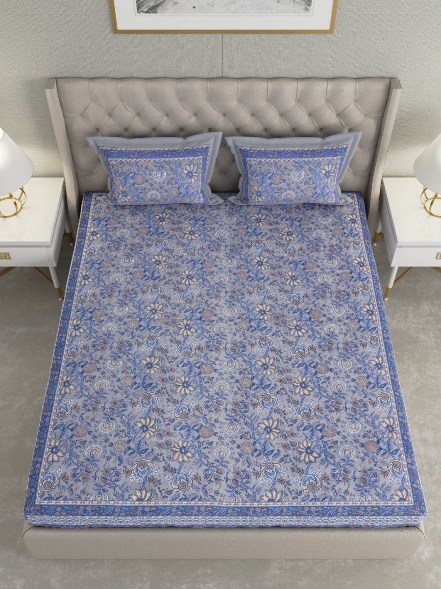 Purple Floral Hand Printed Pure Cotton King Size Bedding Set | Verified Sustainable by Brown Living™