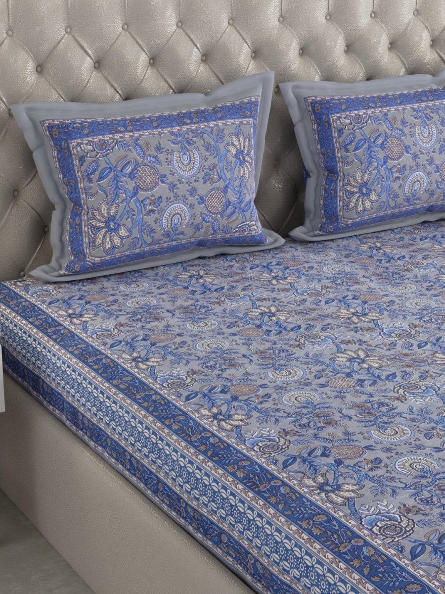 Purple Floral Hand Printed Pure Cotton King Size Bedding Set | Verified Sustainable by Brown Living™