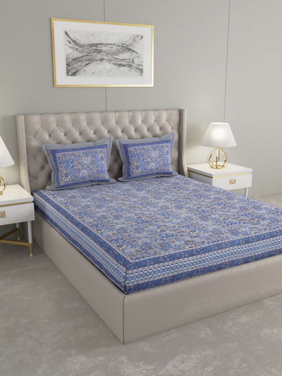Purple Floral Hand Printed Pure Cotton King Size Bedding Set | Verified Sustainable by Brown Living™