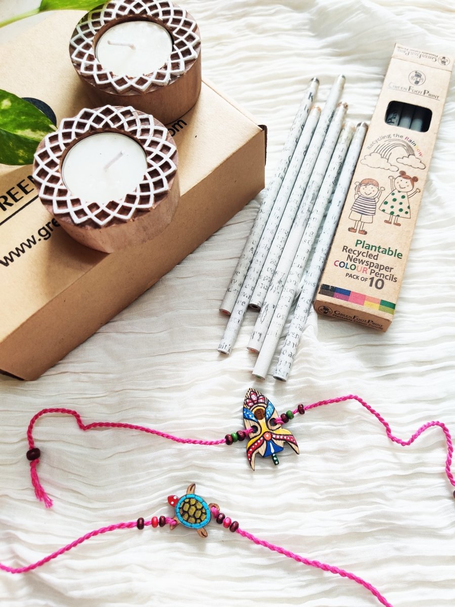 Rakhi Gift hamper | Handmade Bamboo Rakhi for brother | Wooden Diyas and Plantable Colour pencils | Verified Sustainable by Brown Living™