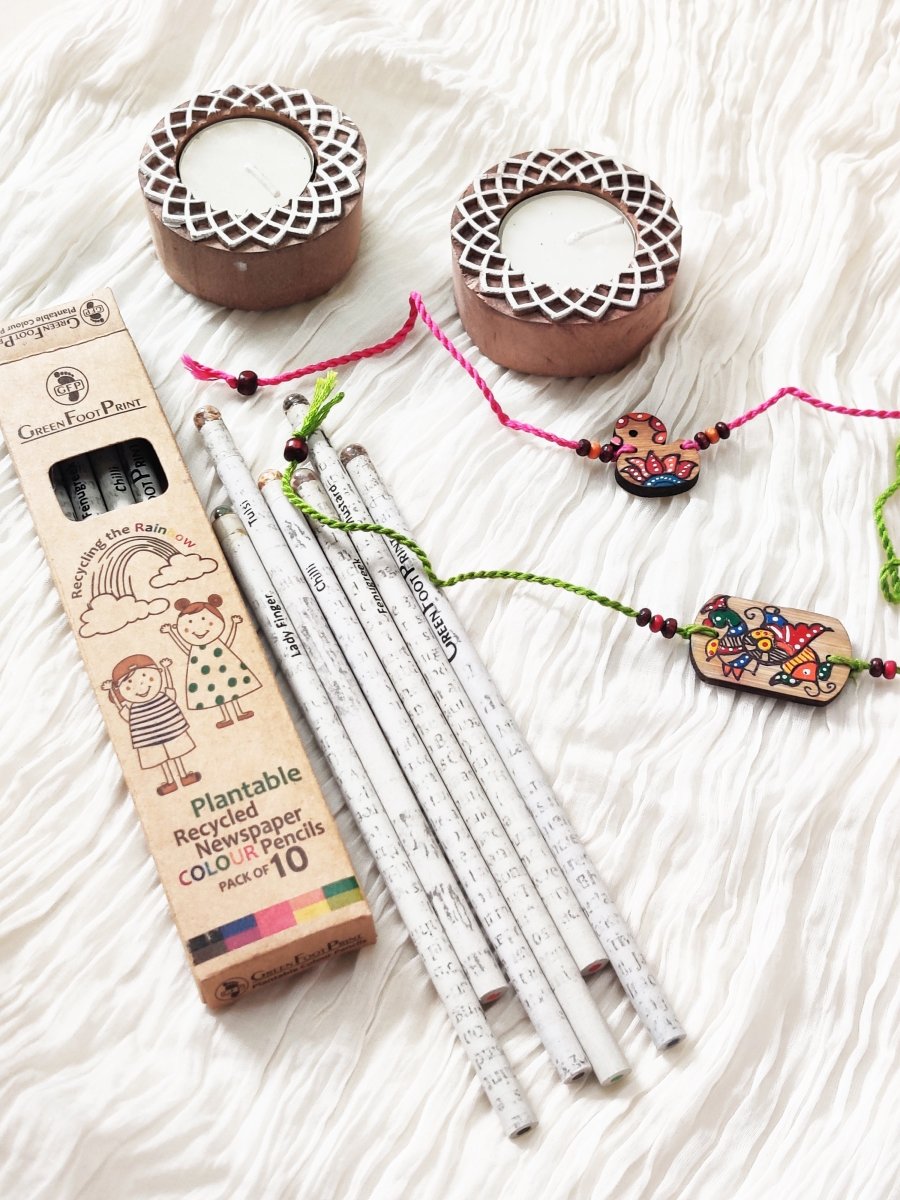 Rakhi Gift hamper | Handmade Bamboo Rakhi for brother | Wooden Diyas and Plantable Colour pencils | Verified Sustainable by Brown Living™