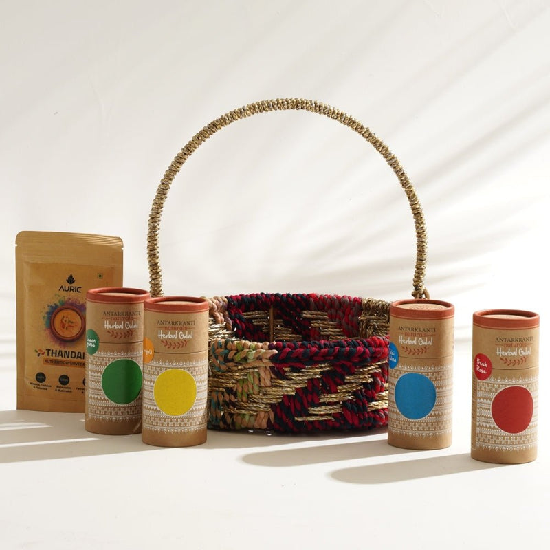 Buy Rangeela Holi Gift Hamper | Set of 6 | Handcrafted Basket | Organic Colors & Thandai | Shop Verified Sustainable Products on Brown Living