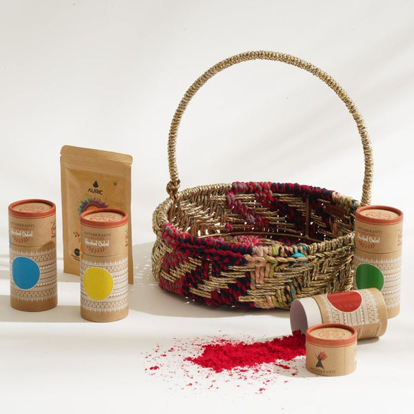 Buy Rangeela Holi Gift Hamper | Set of 6 | Handcrafted Basket | Organic Colors & Thandai | Shop Verified Sustainable Gift on Brown Living™