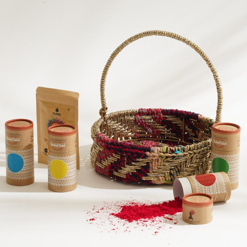 Buy Rangeela Holi Gift Hamper | Set of 6 | Handcrafted Basket | Organic Colors & Thandai | Shop Verified Sustainable Gift on Brown Living™
