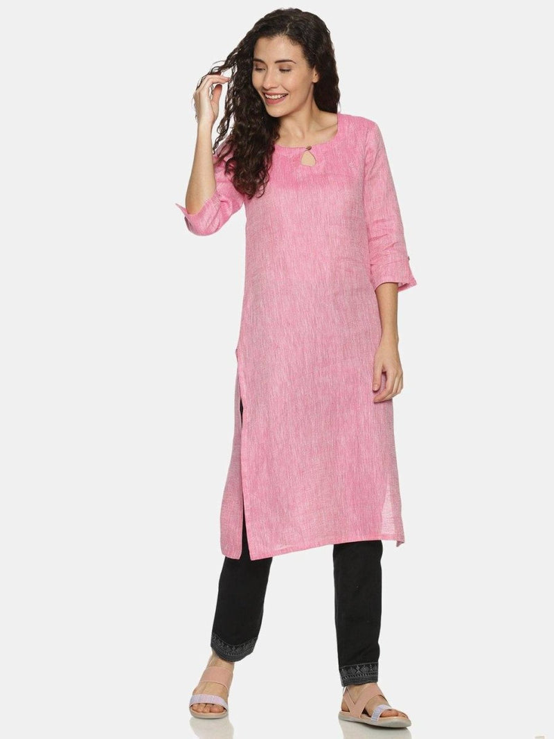 Buy Rani Pink Colour Solid Hemp Straight Long Kurta For Women | Shop Verified Sustainable Products on Brown Living
