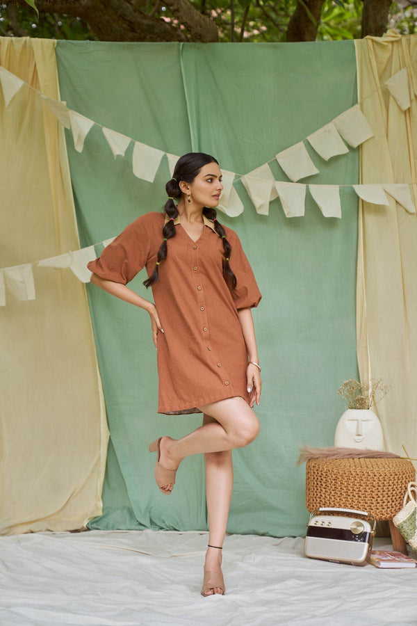 Raw Umber Short Kala Cotton Dress | Verified Sustainable Womens Dress on Brown Living™