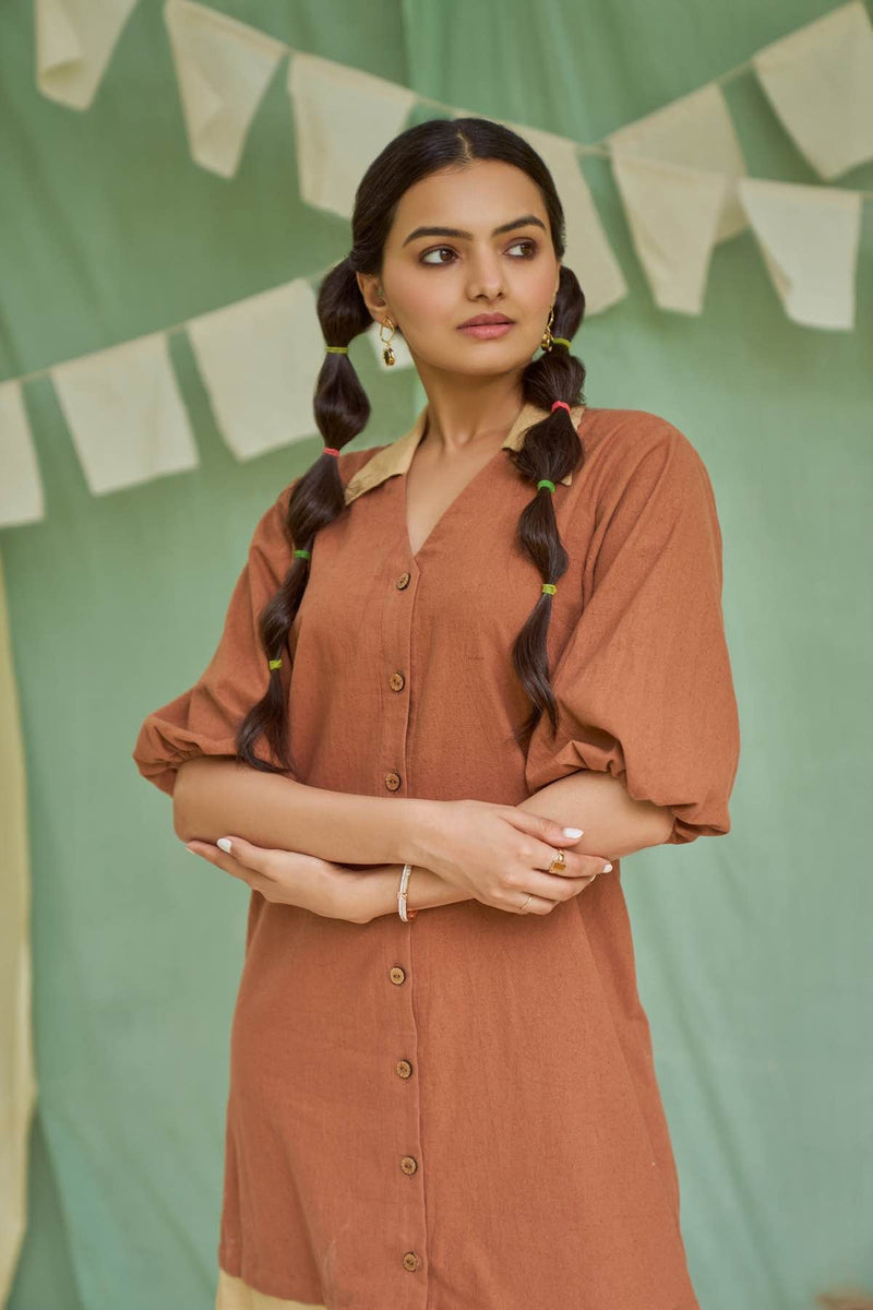 Raw Umber Short Kala Cotton Dress | Verified Sustainable Womens Dress on Brown Living™