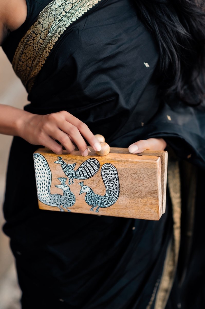 Rectangular More Clutch | Mata Ni Pachedi on Indian Mango Wood | Verified Sustainable by Brown Living™