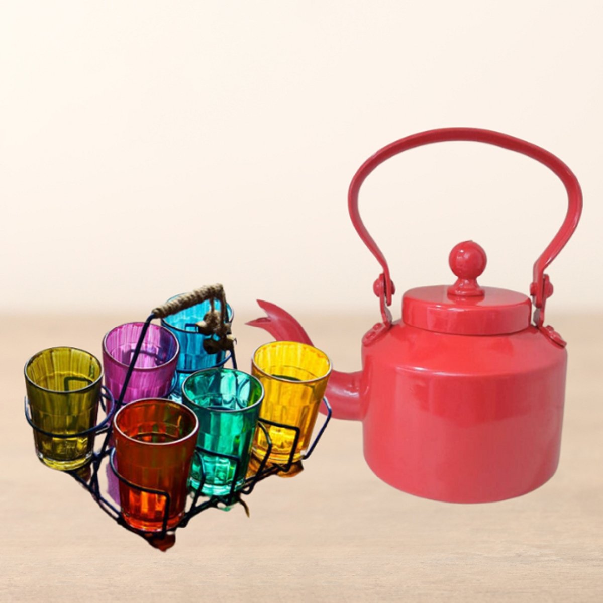 Red Aluminium Kettle with Glass Set and Stand | Verified Sustainable by Brown Living™