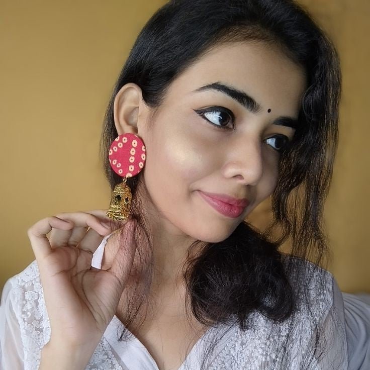 Buy Red Bandhani Print Golden Jhumka Earrings | Shop Verified Sustainable Womens earrings on Brown Living™
