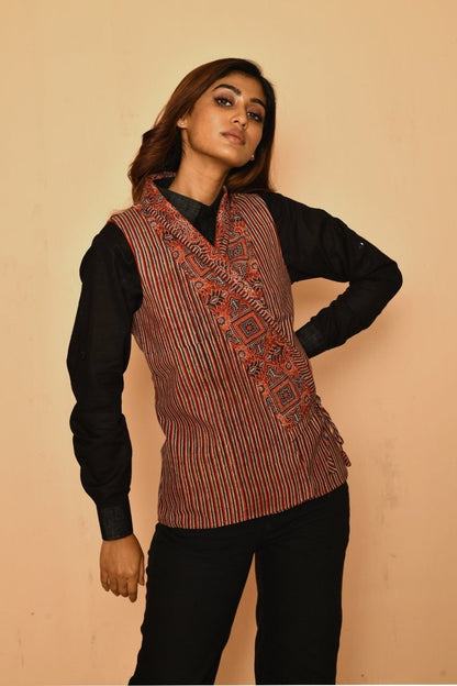 Red Cotton Ajhrak Shawl Jacket for Women | Verified Sustainable by Brown Living™