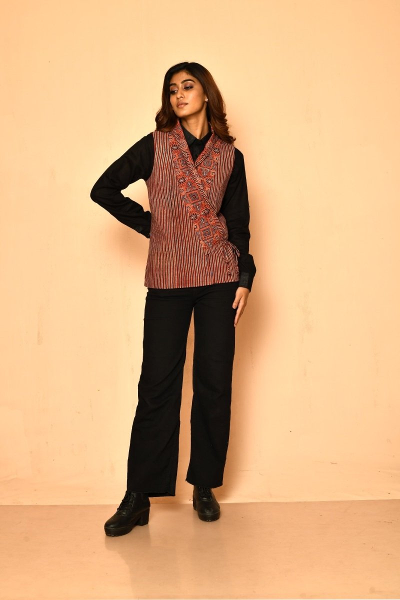 Red Cotton Ajhrak Shawl Jacket for Women | Verified Sustainable by Brown Living™