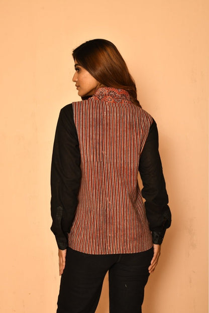 Red Cotton Ajhrak Shawl Jacket for Women | Verified Sustainable by Brown Living™