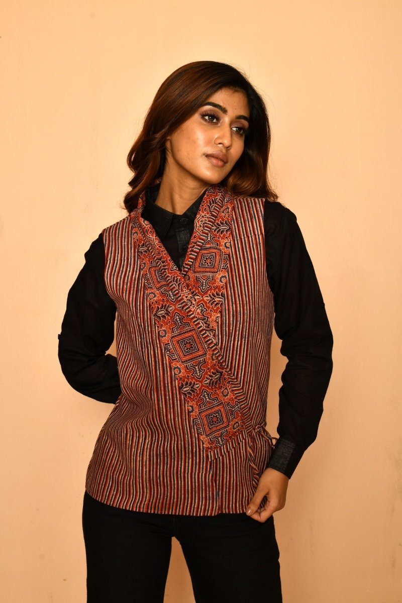 Red Cotton Ajhrak Shawl Jacket for Women | Verified Sustainable by Brown Living™