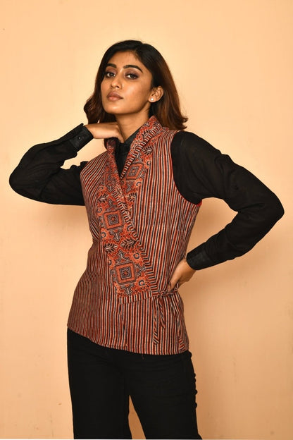 Red Cotton Ajhrak Shawl Jacket for Women | Verified Sustainable by Brown Living™