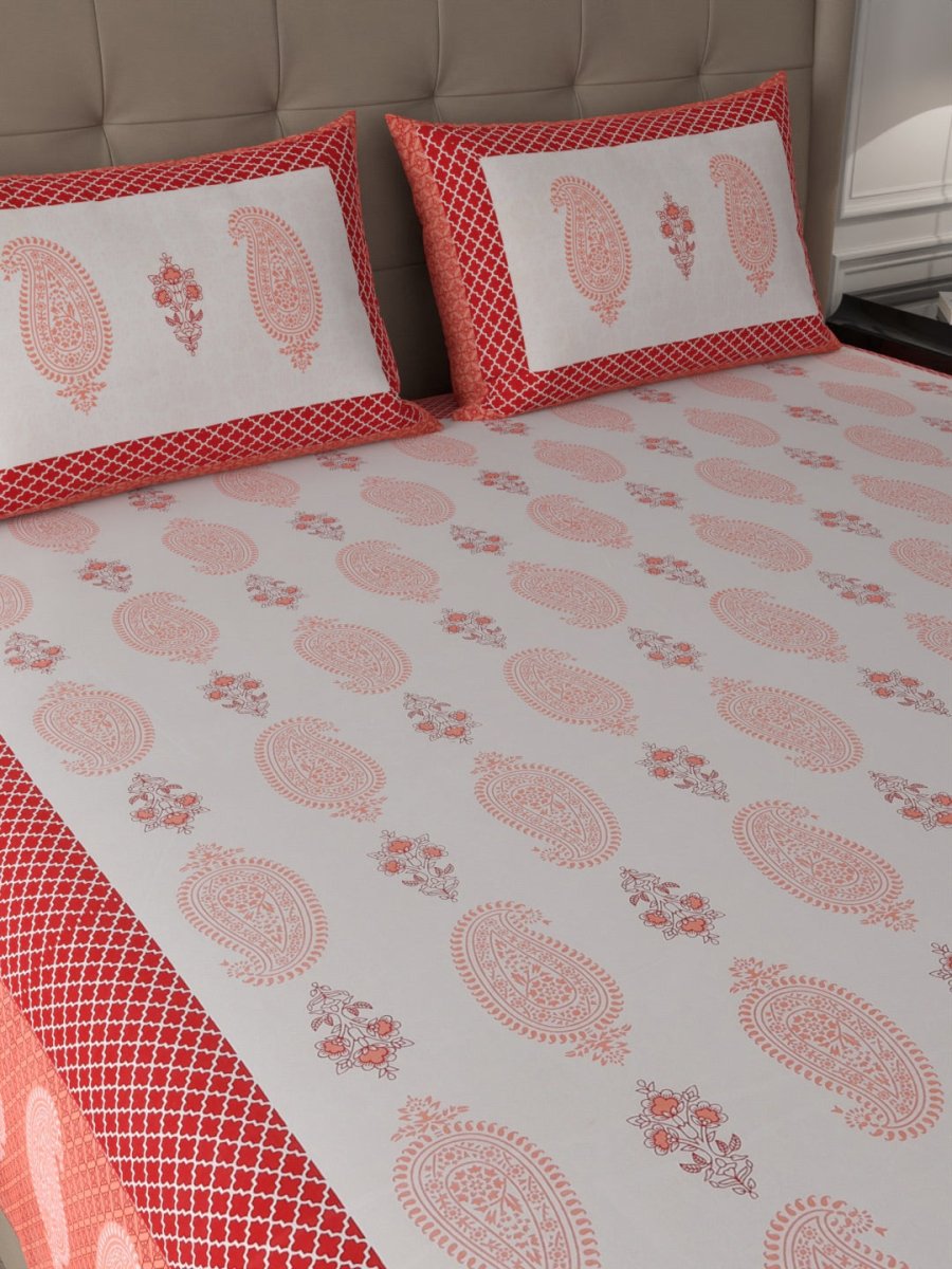 Red Elegant Hand Block Print Pure Cotton Super King Size Bedding Set | Verified Sustainable by Brown Living™