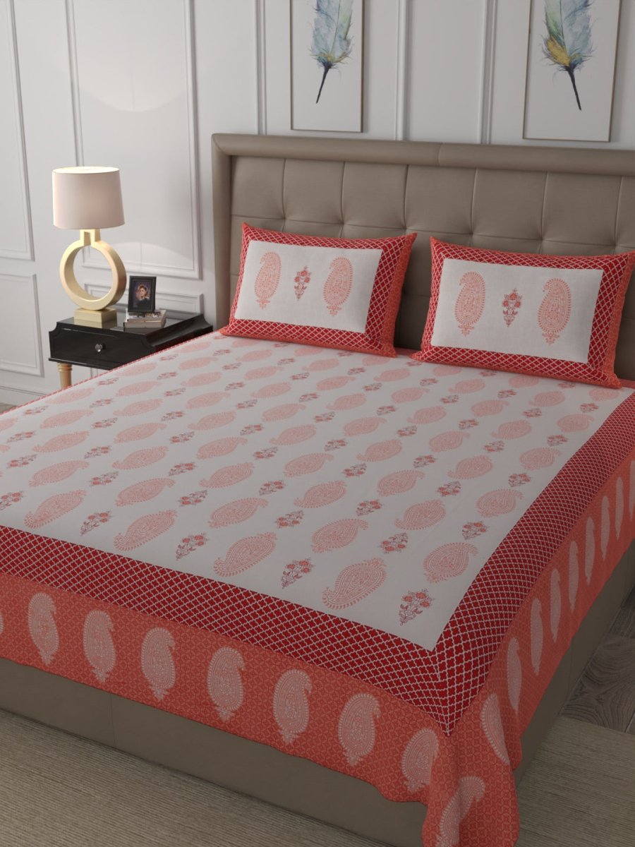 Red Elegant Hand Block Print Pure Cotton Super King Size Bedding Set | Verified Sustainable by Brown Living™