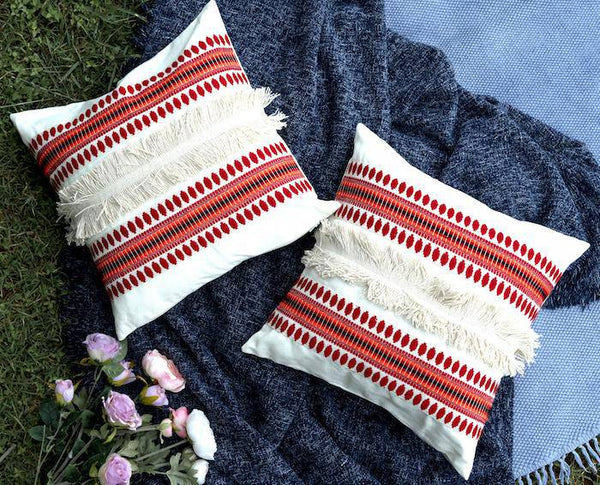 Buy Red Jacquard & Frill Cushion Cover - Size 16x16 inches Pack of 1 | Shop Verified Sustainable Covers & Inserts on Brown Living™