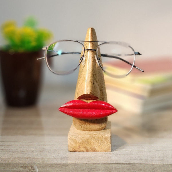 Red Lips- Handmade Wooden Nose Shaped Eyeglass Holder & Display Stand | Verified Sustainable Table Decor on Brown Living™