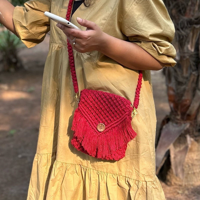 Red Macrame Mobile Sling Bag | Verified Sustainable Bags on Brown Living™