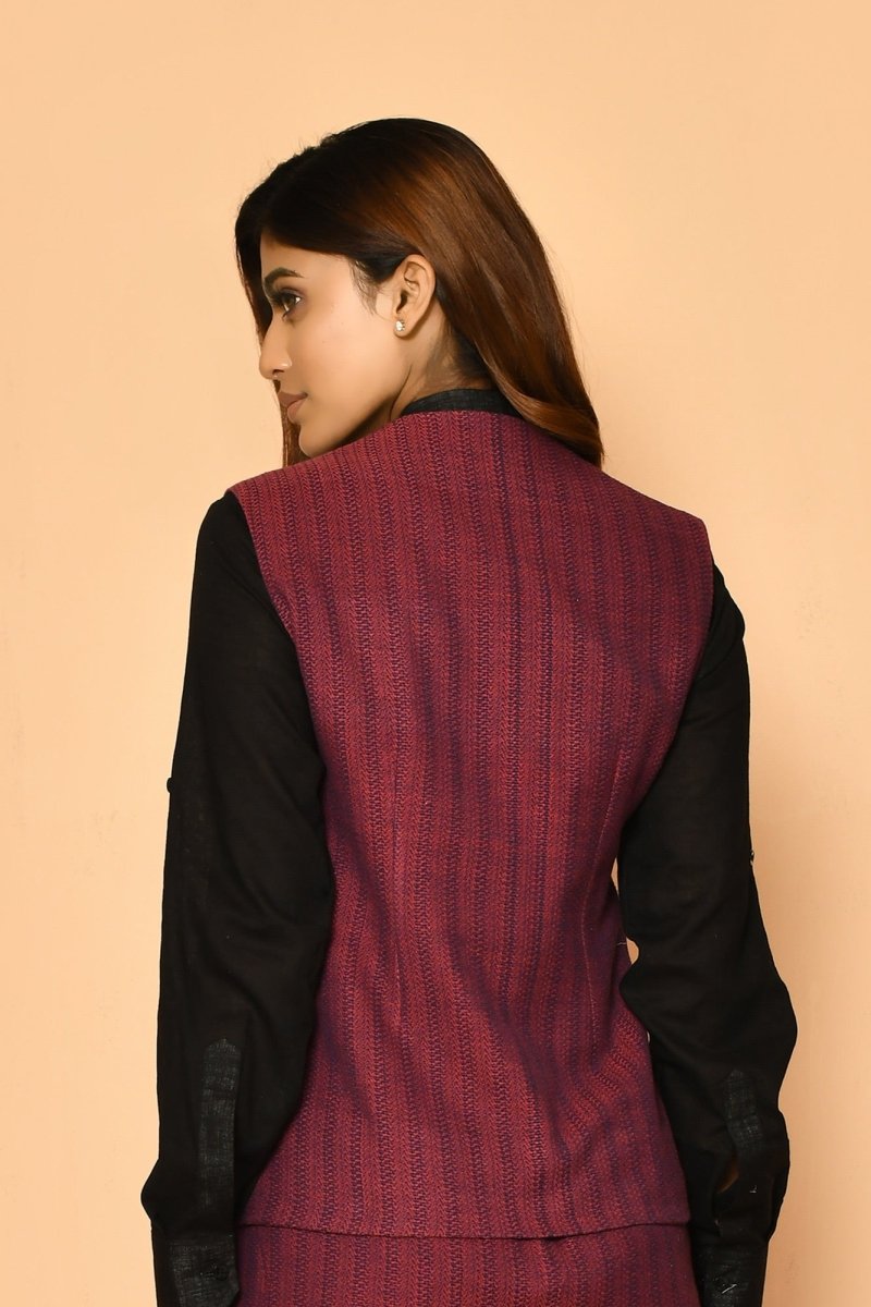 Red V - Neck Waist Coat Cotton Jacket for Ladies | Verified Sustainable by Brown Living™