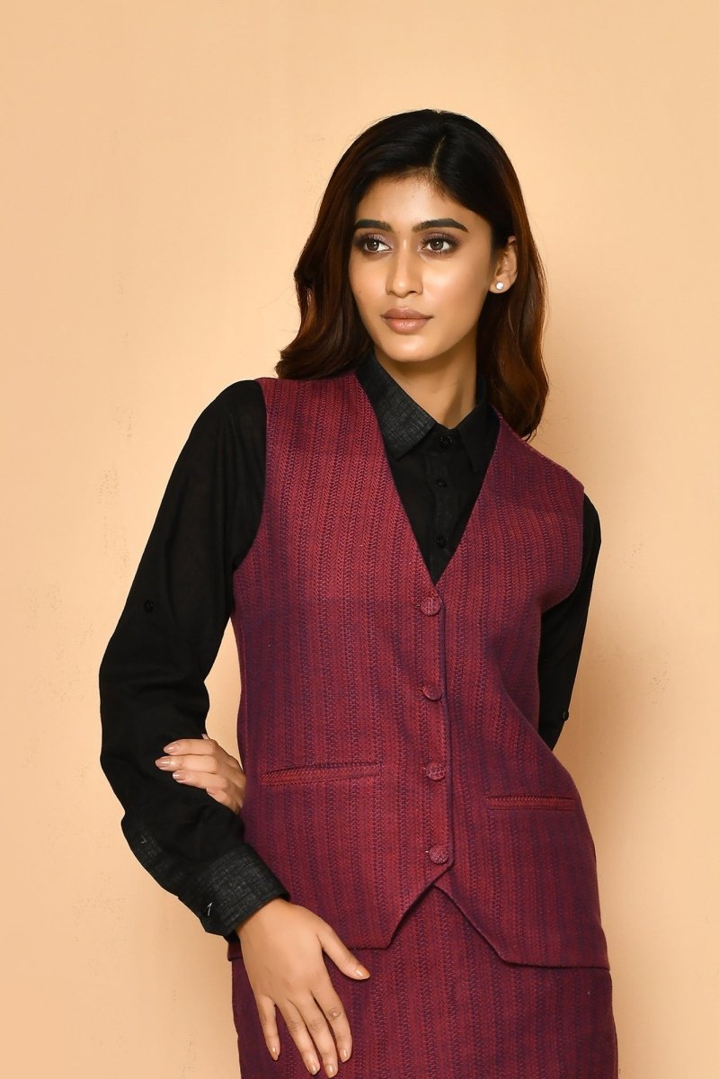 red v neck waist coat cotton jacket for ladies verified sustainable womens jacket on brown living
