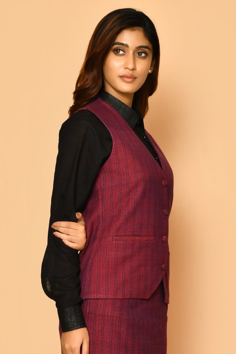 Red V - Neck Waist Coat Cotton Jacket for Ladies | Verified Sustainable by Brown Living™