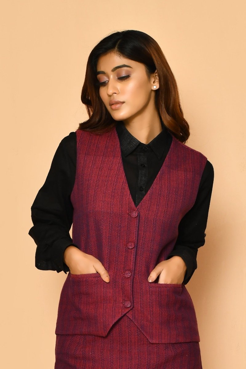 Red V - Neck Waist Coat Cotton Jacket for Ladies | Verified Sustainable by Brown Living™