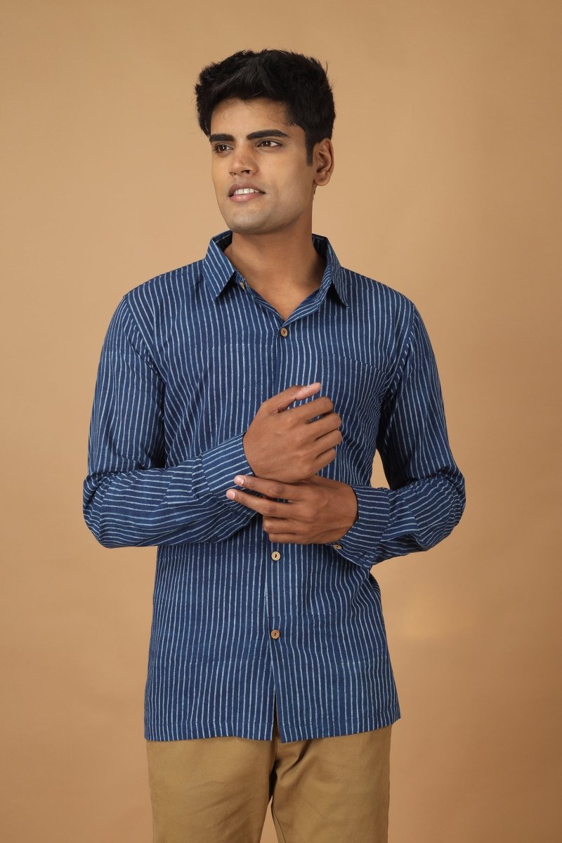 Buy Rekh Dabu Indigo Mens Cotton Shirt | Shop Verified Sustainable Mens Shirt on Brown Living™