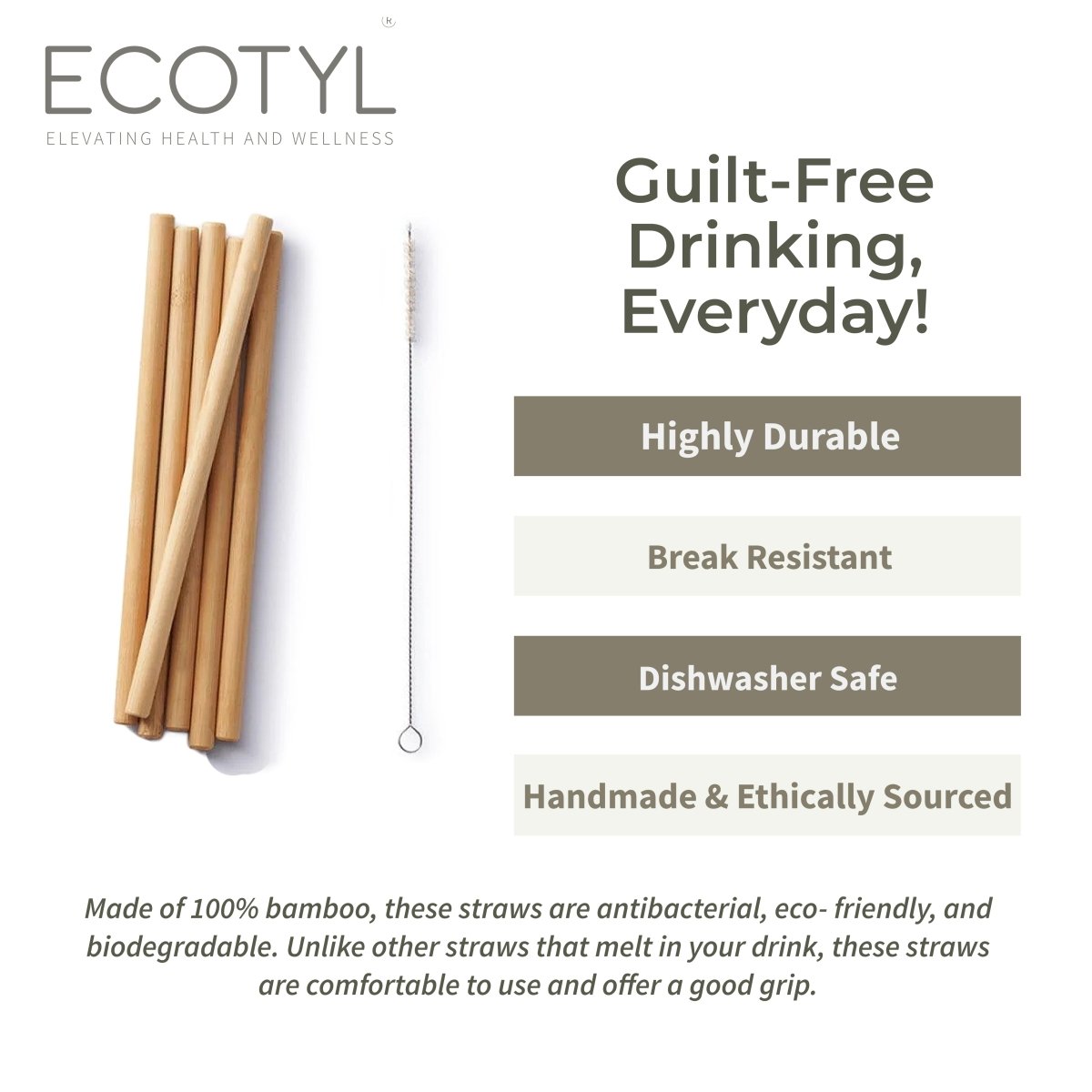 Reusable Bamboo Straws with Cleaning Brush - Set of 6 | Verified Sustainable by Brown Living™