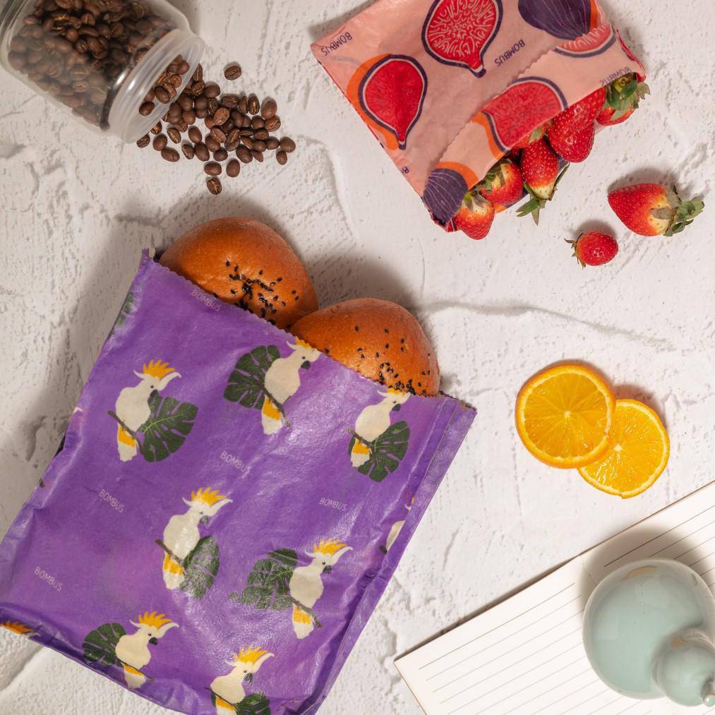 Reusable beeswax food bags - Figs and Parrot set of 3 | Verified Sustainable by Brown Living™