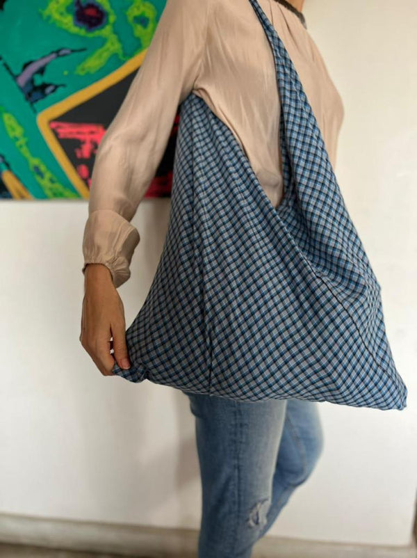 Buy Reusable Blue Lungi Checks Foldable Furoshiki Bag | Shop Verified Sustainable Foldable Bag on Brown Living™