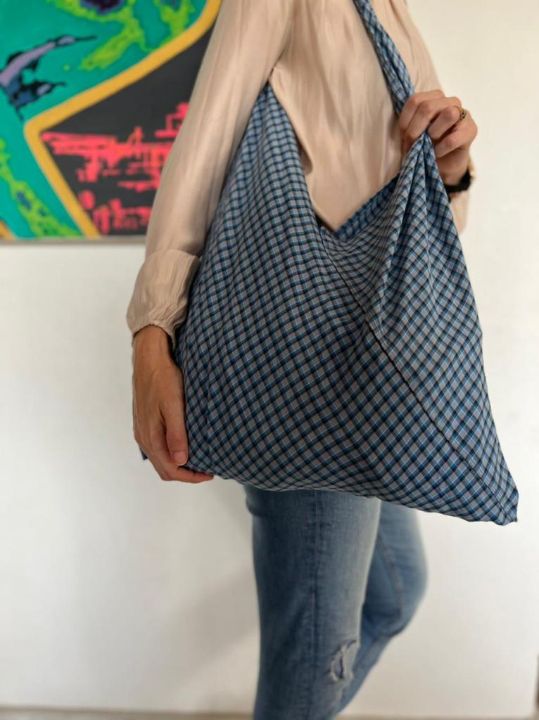 Buy Reusable Blue Lungi Checks Foldable Furoshiki Bag | Shop Verified Sustainable Foldable Bag on Brown Living™