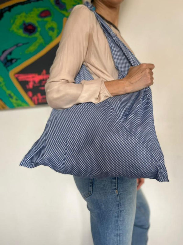 Buy Reusable Blue White Tiny checks Foldable Furoshiki Bag | Shop Verified Sustainable Foldable Bag on Brown Living™