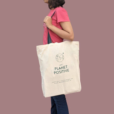 Reusable Cotton Tote Bag - Planet Positive - Off White – Tote Bag on Brown Living™. SKU: BL - 3. Img 3.