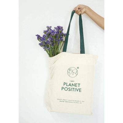 Reusable Cotton Tote Bag - Planet Positive - Off White – Tote Bag on Brown Living™. SKU: BL - 3. Img 1.