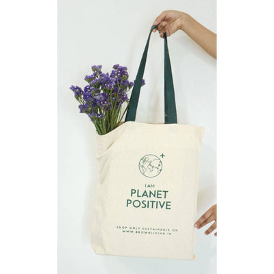 Reusable Cotton Tote Bag - Planet Positive - Off White – Tote Bag on Brown Living™. SKU: BL - 3. Img 4.