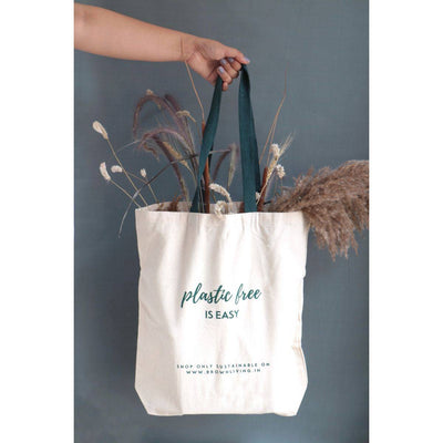 Reusable Cotton Tote Bag - Plastic Free Is Easy - Off White – Tote Bag on Brown Living™. SKU: BL - 4. Img 7.