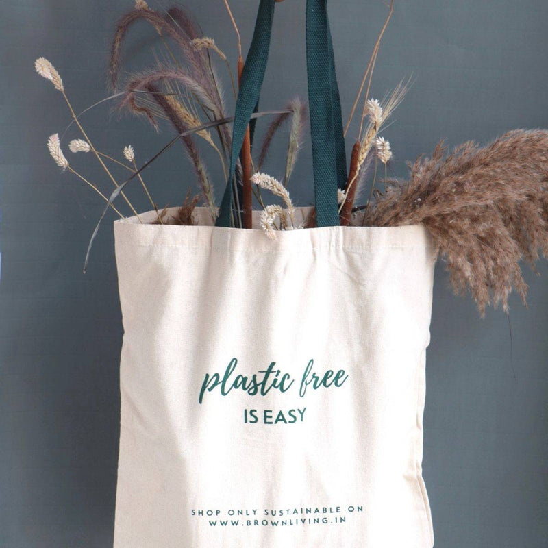 Buy Reusable Cotton Tote Bag - Plastic Free Is Easy - Off White | Shop Verified Sustainable Tote Bag on Brown Living™