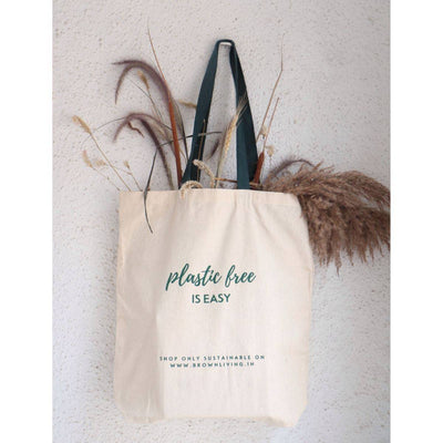 Reusable Cotton Tote Bag - Plastic Free Is Easy - Off White – Tote Bag on Brown Living™. SKU: BL - 4. Img 3.