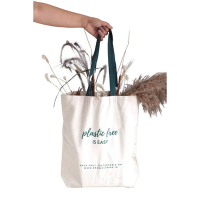 Reusable Cotton Tote Bag - Plastic Free Is Easy - Off White – Tote Bag on Brown Living™. SKU: BL - 4. Img 2.