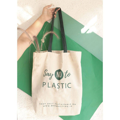 Reusable Cotton Tote Bag - Say No To Plastic - Off White – Tote Bag on Brown Living™. SKU: BL - 5. Img 5.
