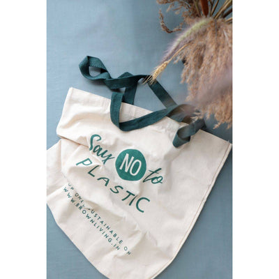 Reusable Cotton Tote Bag - Say No To Plastic - Off White – Tote Bag on Brown Living™. SKU: BL - 5. Img 3.