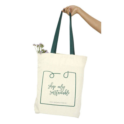 Reusable Cotton Tote Bag - Shop Only Sustainable - Off White – Tote Bag on Brown Living™. SKU: BL - 6. Img 6.