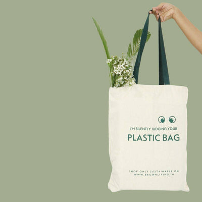 Reusable Cotton Tote Bag - Silently Judging your Plastic Bag - Off White – Tote Bag on Brown Living™. SKU: BL - 1. Img 5.